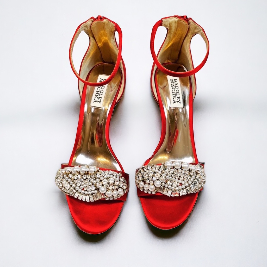 Badgley Mischka Red Satin Rhinestone Ankle Strap Heels 7m